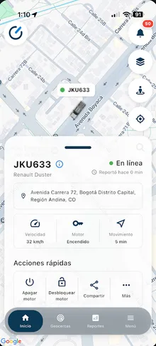 Ficha del vehículo con las acciones de apagar y desbloquear motor