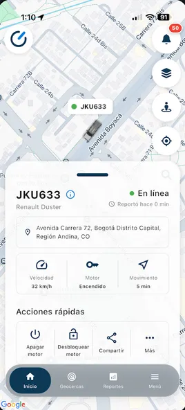 La app onTracker mostrando la ficha de un vehículo con su velocidad y el estado del motor