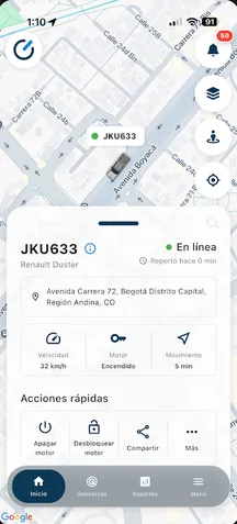 Ficha de vehículo con acciones rápidas de apagado y desbloqueo del motor