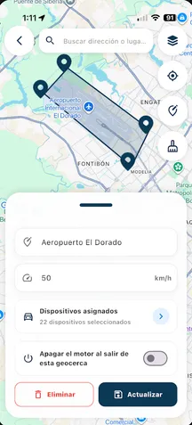 Pantalla de creación de geocerca con límite de velocidad y apagado automático