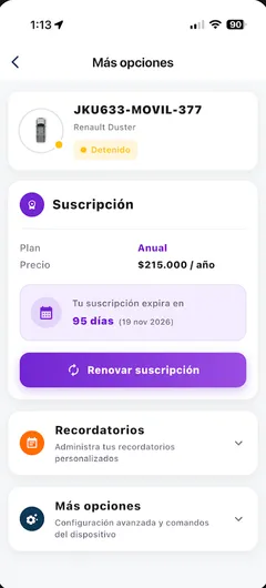 App subscription screen showing the plan, the days remaining and a renew button